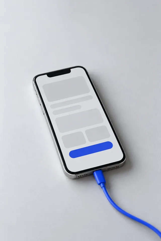 Telefon z makietą strony podłączony niebieskim przewodem