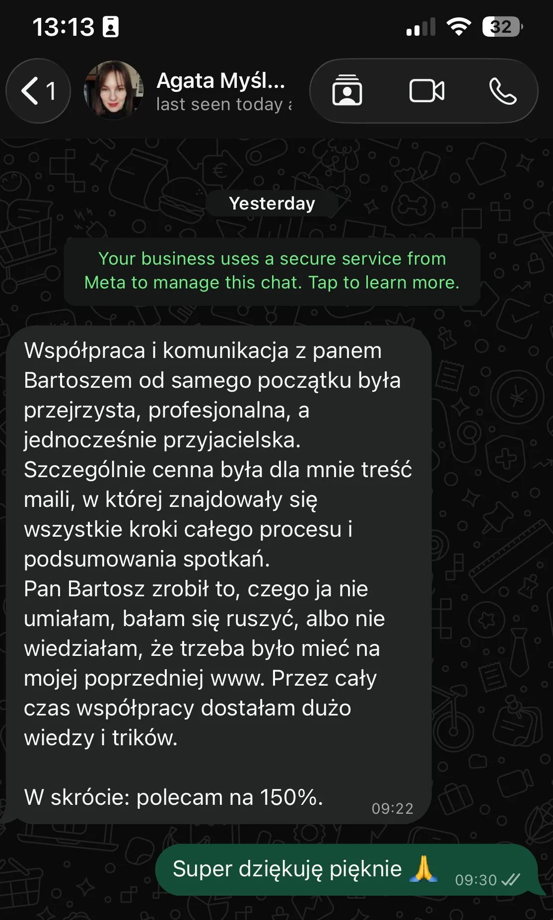 Wiadomość na WhatsApp od Agaty Myśliborskiej-Błyskun z opinią o współpracy