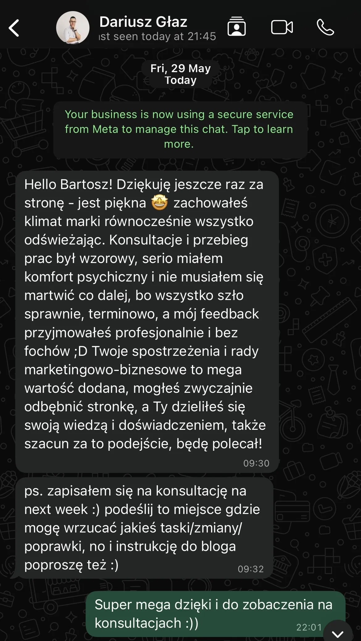 Wiadomość na WhatsApp od Dariusza Głaza z opinią o współpracy